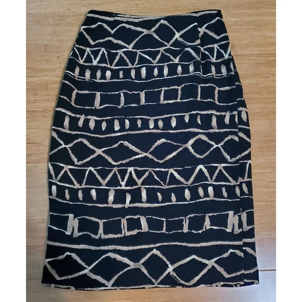 Vtg. Jones New York Black & Gold Aztec Tribal Midi Wrap Skirt Career Global Boho - Picture 2 of 6